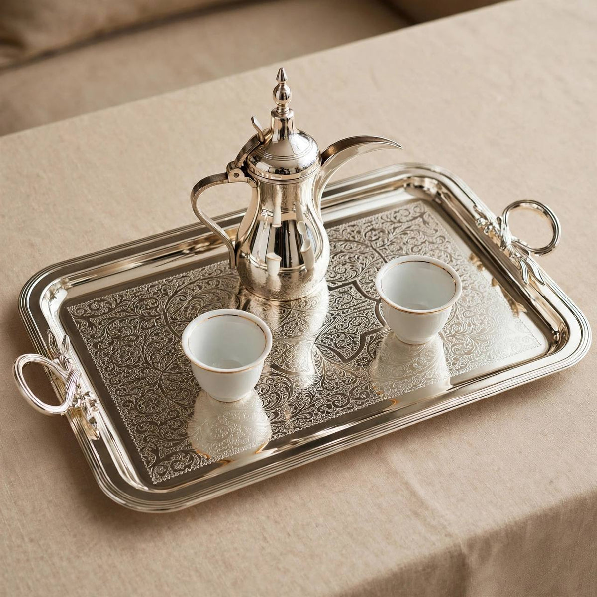 Royal Arabesque Engraved Stainless Steel Serving Tray with Foliage Handles – 56 × 32 cm