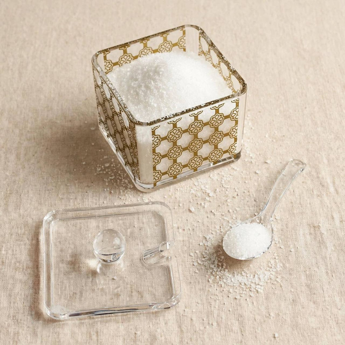 Compact Square Acrylic Sugar Pot with Gold Arabesque Pattern, Lid & Spoon – 8x8cm