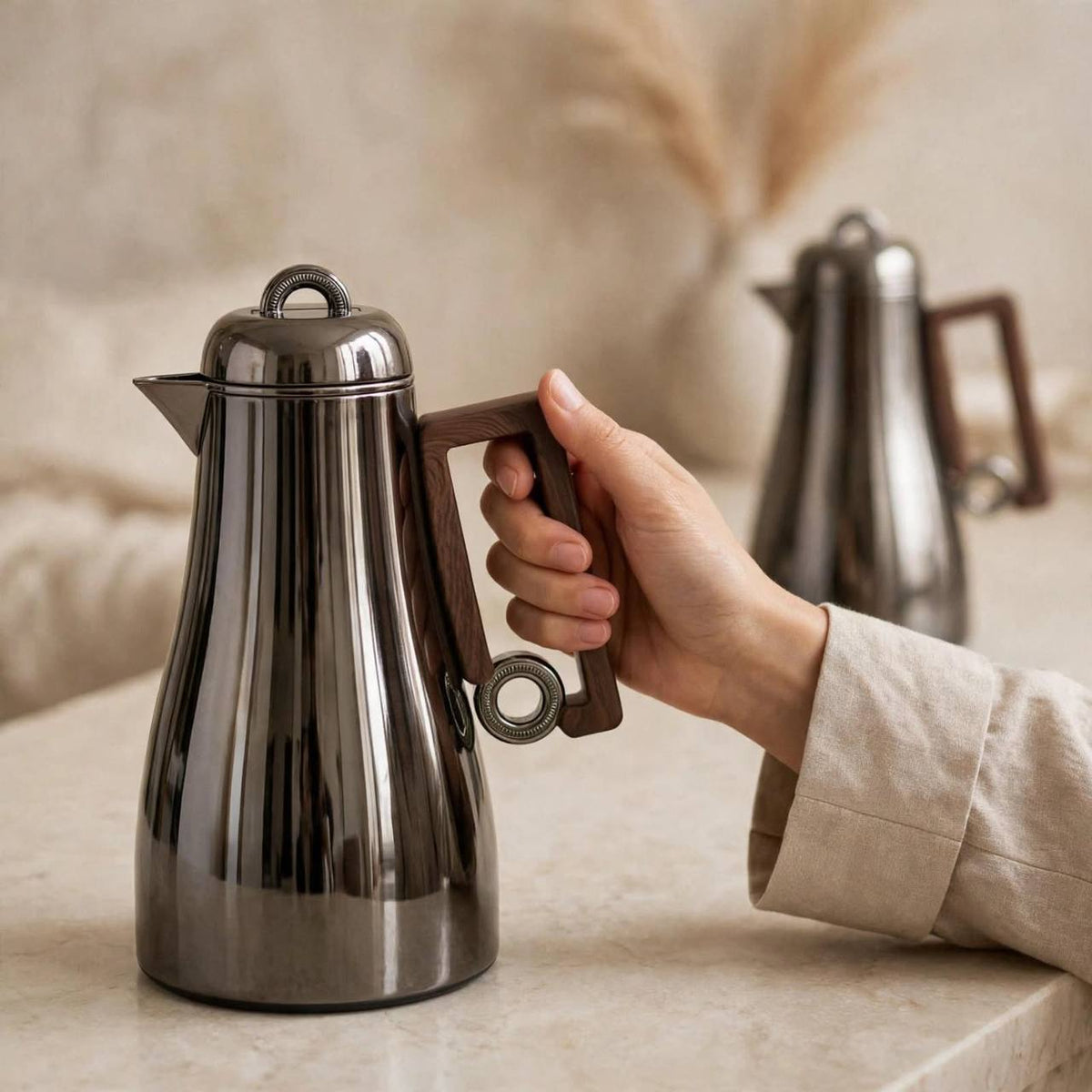 Al Marjan Chrome & Wood 2-Piece Thermal Coffee & Tea Dallah Set (1L + 0.70L)