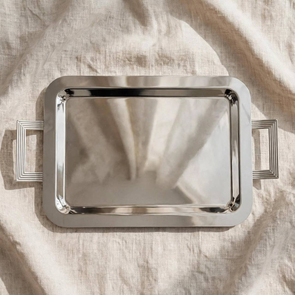 Modern Art Deco Chrome Stainless Steel Serving Tray with Fluted Geometric Handles – 59 × 32 cm