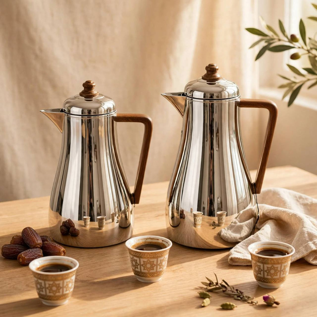Al Saif Silver/Wood Arabic Coffee Thermal Dallah Set (2-Piece, 1L & 0.75L)
