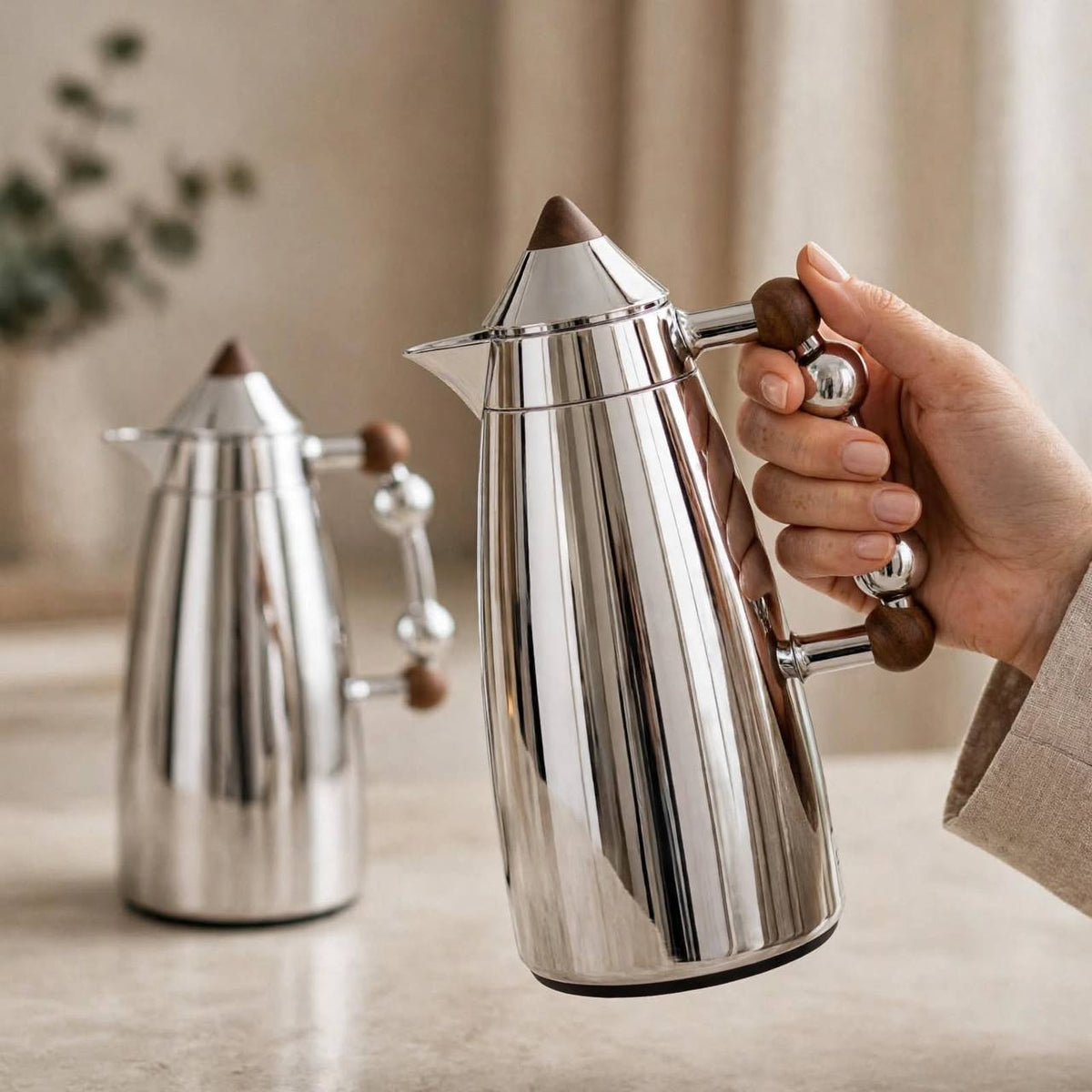 MAHRA Polished Silver & Wood 2-Piece Thermal Coffee & Tea Dallah Set (1L + 1L)