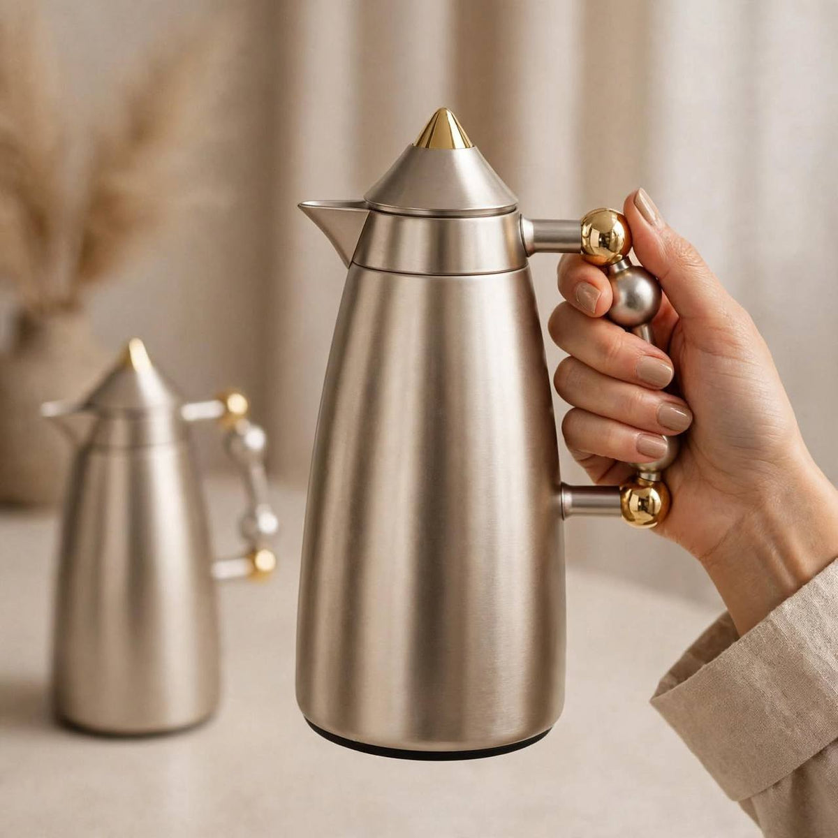 MAHRA Matt Nickel & Gold 2-Piece Thermal Coffee & Tea Dallah Set (1L + 1L)