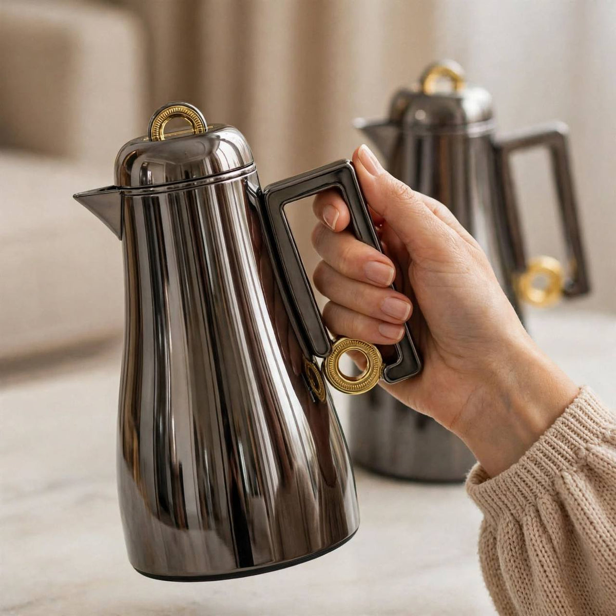 Al Marjan Chrome & Gold 2-Piece Thermal Coffee & Tea Dallah Set (1L + 0.70L)