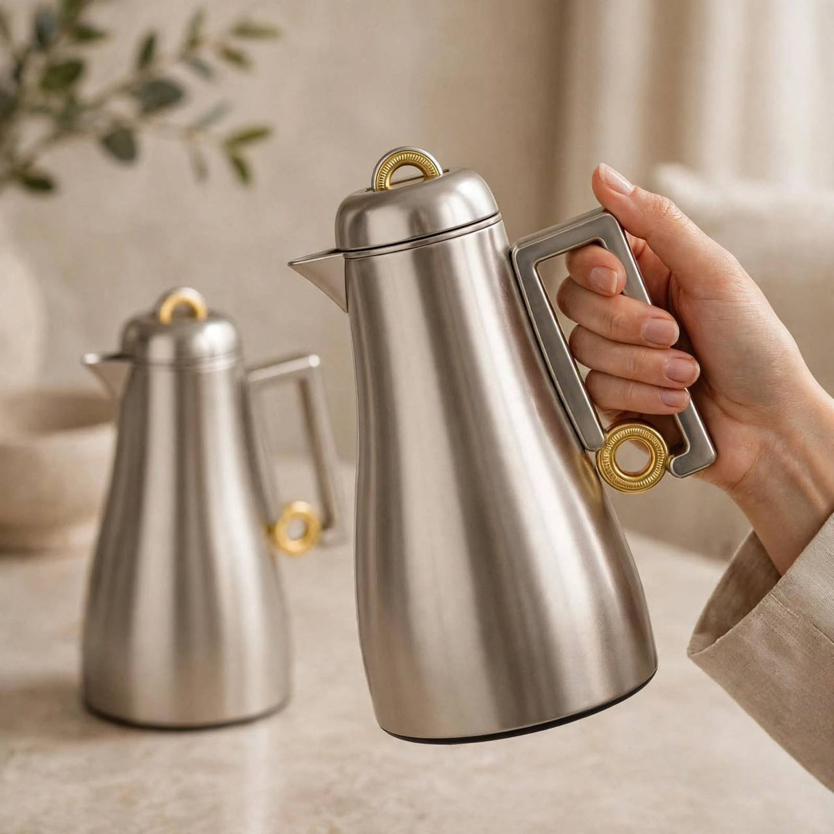 Al Marjan Matt Silver & Gold 2-Piece Thermal Coffee & Tea Dallah Set (1L + 0.70L)