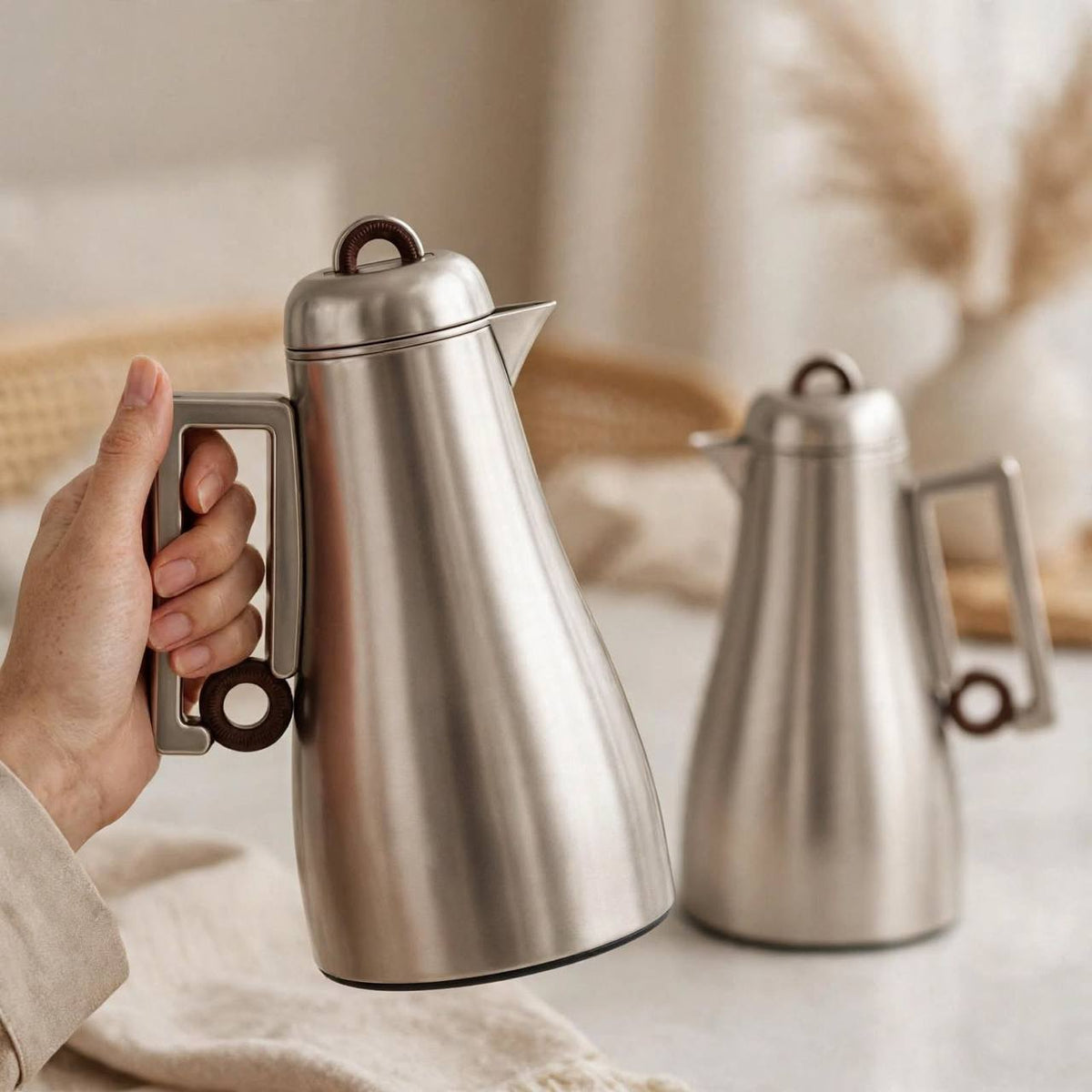 Al Marjan Matt Silver & Wood-Accented 2-Piece Thermal Coffee & Tea Dallah Set (1L + 0.70L)