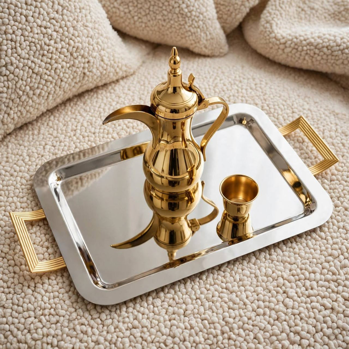 Modern Dual-Tone Stainless Steel Serving Tray with Gilded Fluted Art Deco Handles – 59 × 32 cm