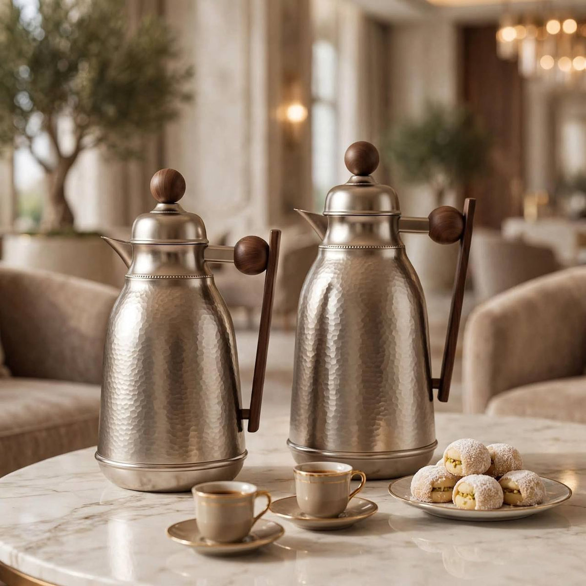 Nice Hammered Matte Silver Vacuum Flask Set – 1L & 0.75L