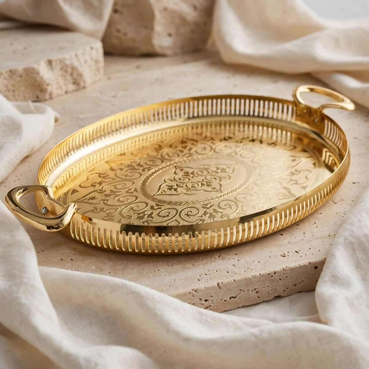 Royal Gilded Oval Serving Tray with Arabesque Laser Engraving & Pierced Gallery Rim – 55 × 34 cm