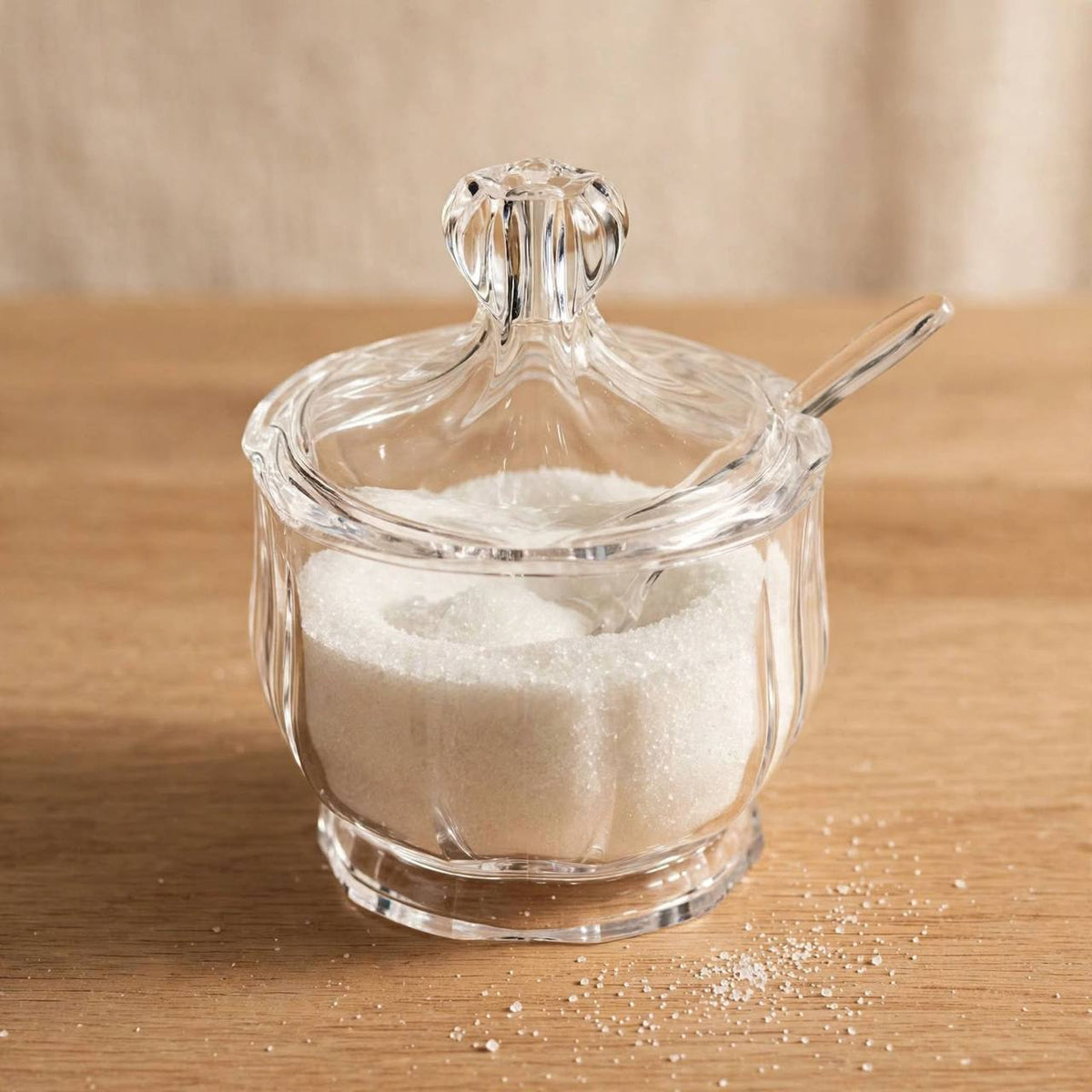 Shatterproof Clear Footed Acrylic Sugar Pot with Lid & Spoon – 12x8cm