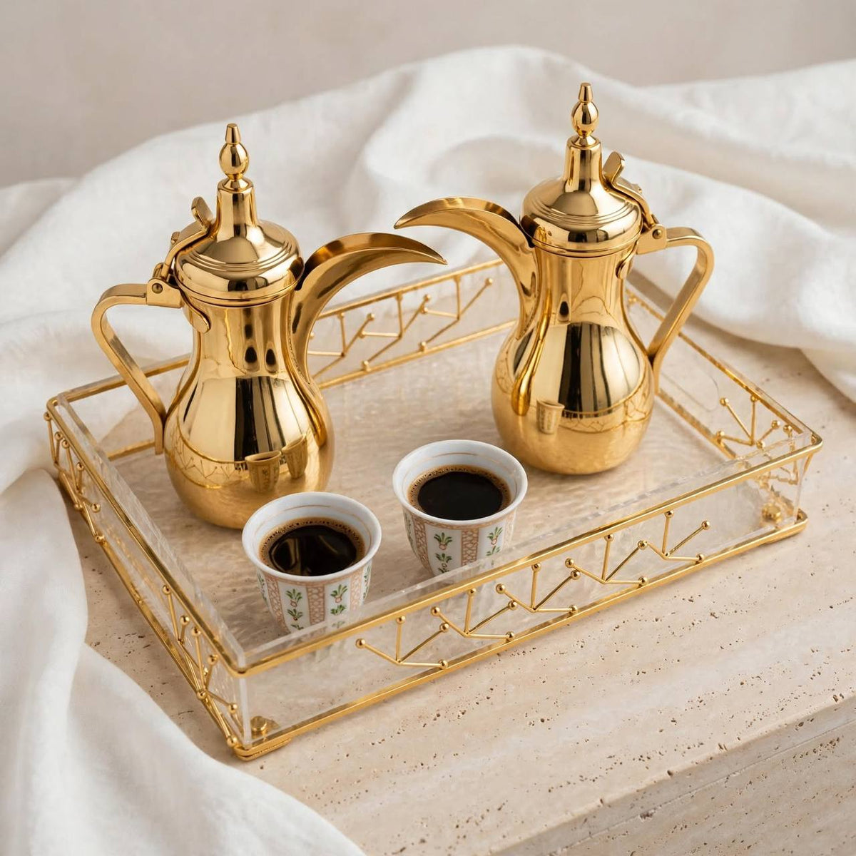 Modern Water-Ripple Acrylic Serving Tray with Geometric Gilded Metal Gallery & Cutout Handles – 35 × 25 cm - Mawaeen