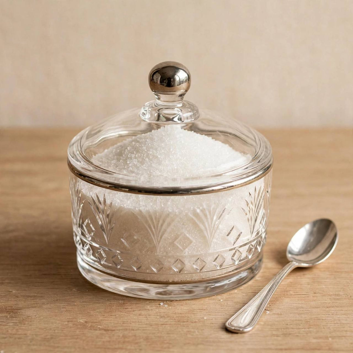 Silver Rim Cut Crystal Glass Sugar Bowl with Lid – 10x9cm