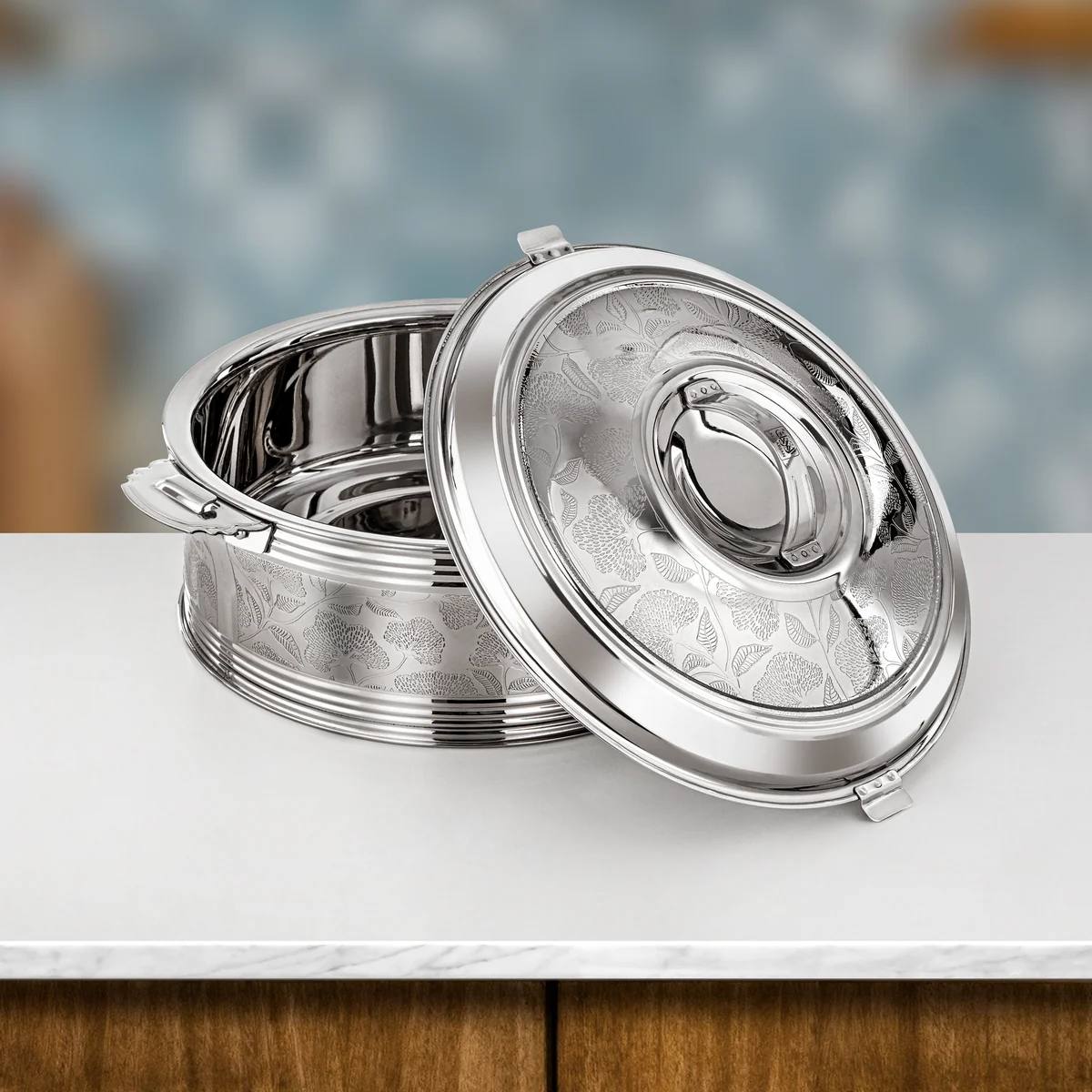 Al Marjan 3-Piece Floral Etched Thermal Hotpot Serving Set in Silver (2.5L, 4.8L, 6L)