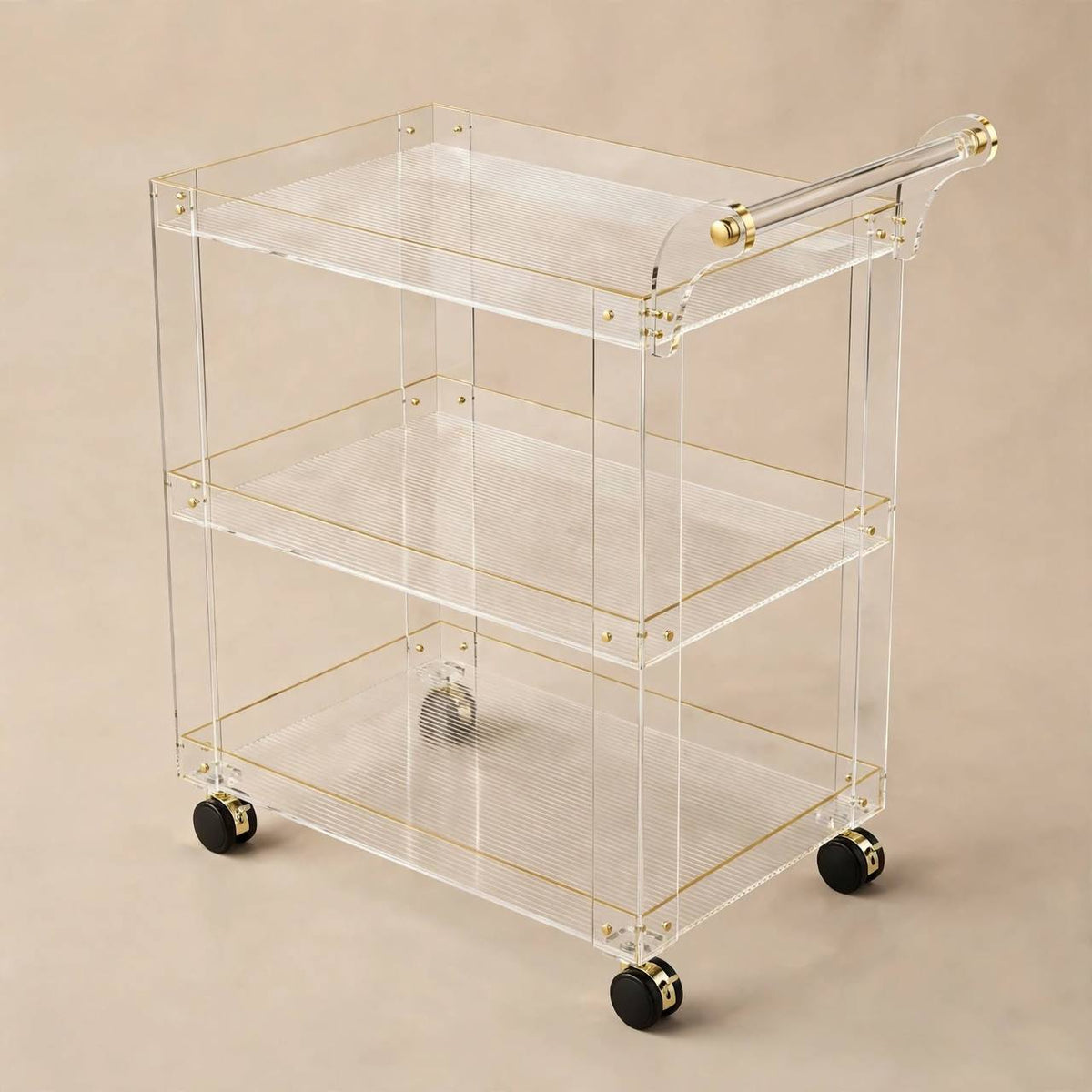 3-Tier Clear Acrylic Serving Trolley with Gold Accent Screws and Ribbed Shelves
