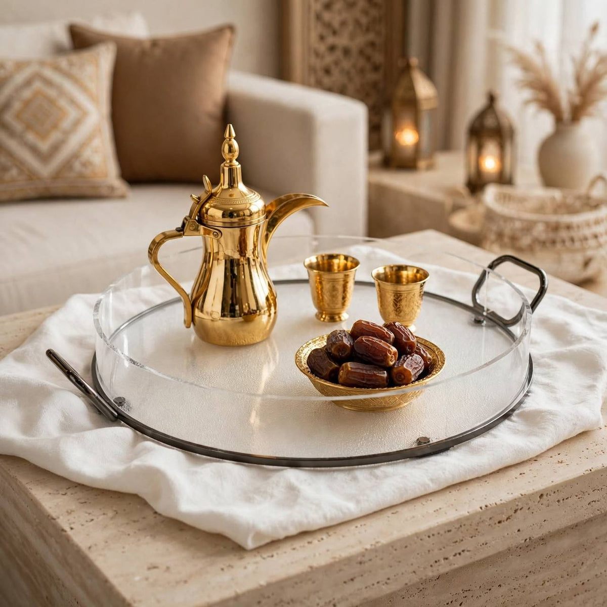 Modern Round Clear Acrylic Serving Platter with Mirror Chrome Frame & Loop Handles – 44 × 36 cm