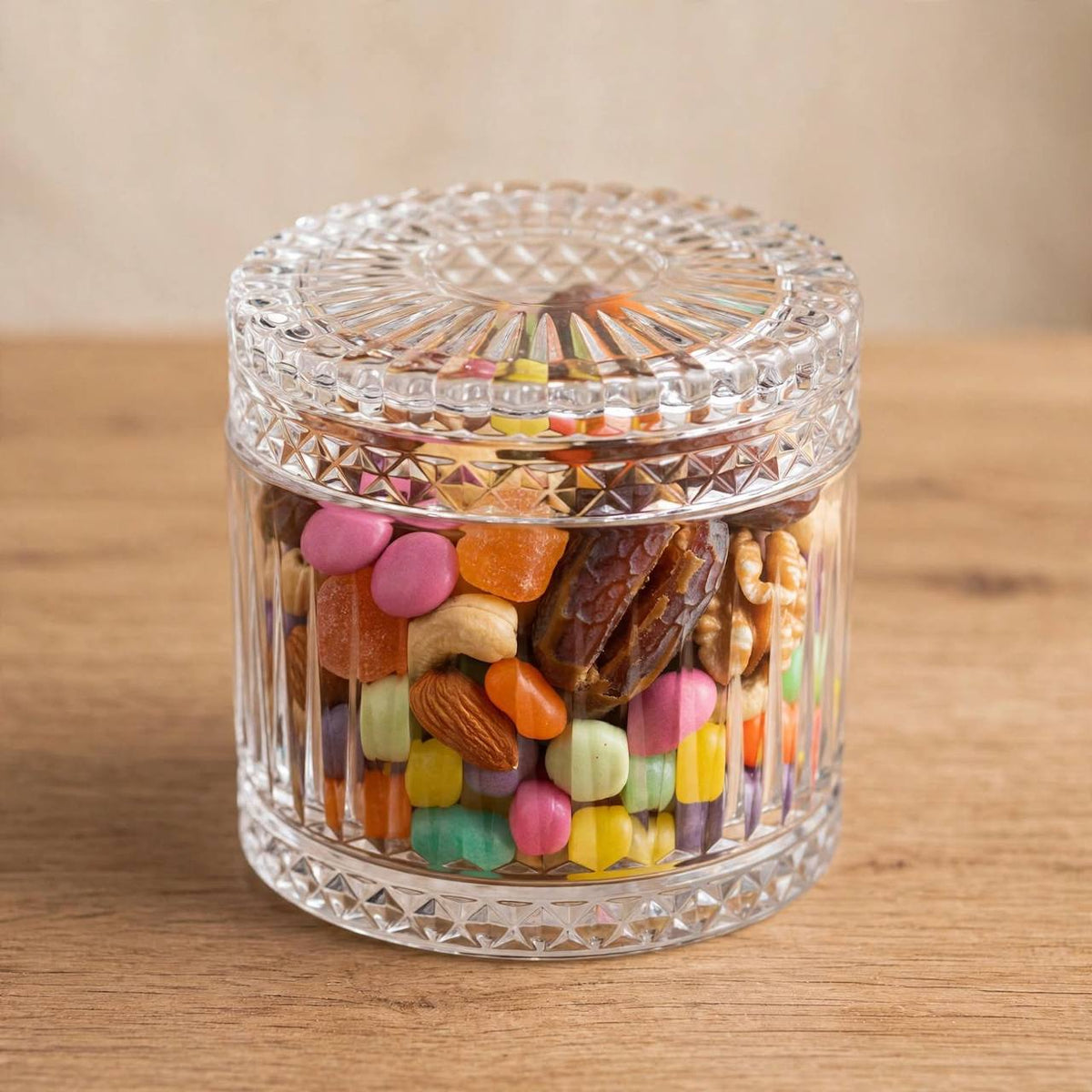 Flat Lid Ribbed Glass Candy Jar – 11x10cm