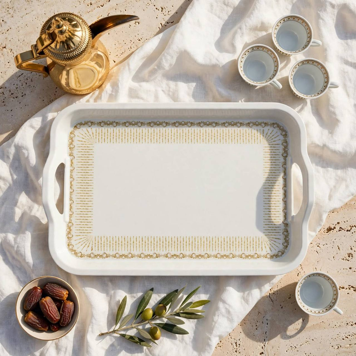 White & Gold Rectangular Serving Tray with Handles – 33x22 cm - XS