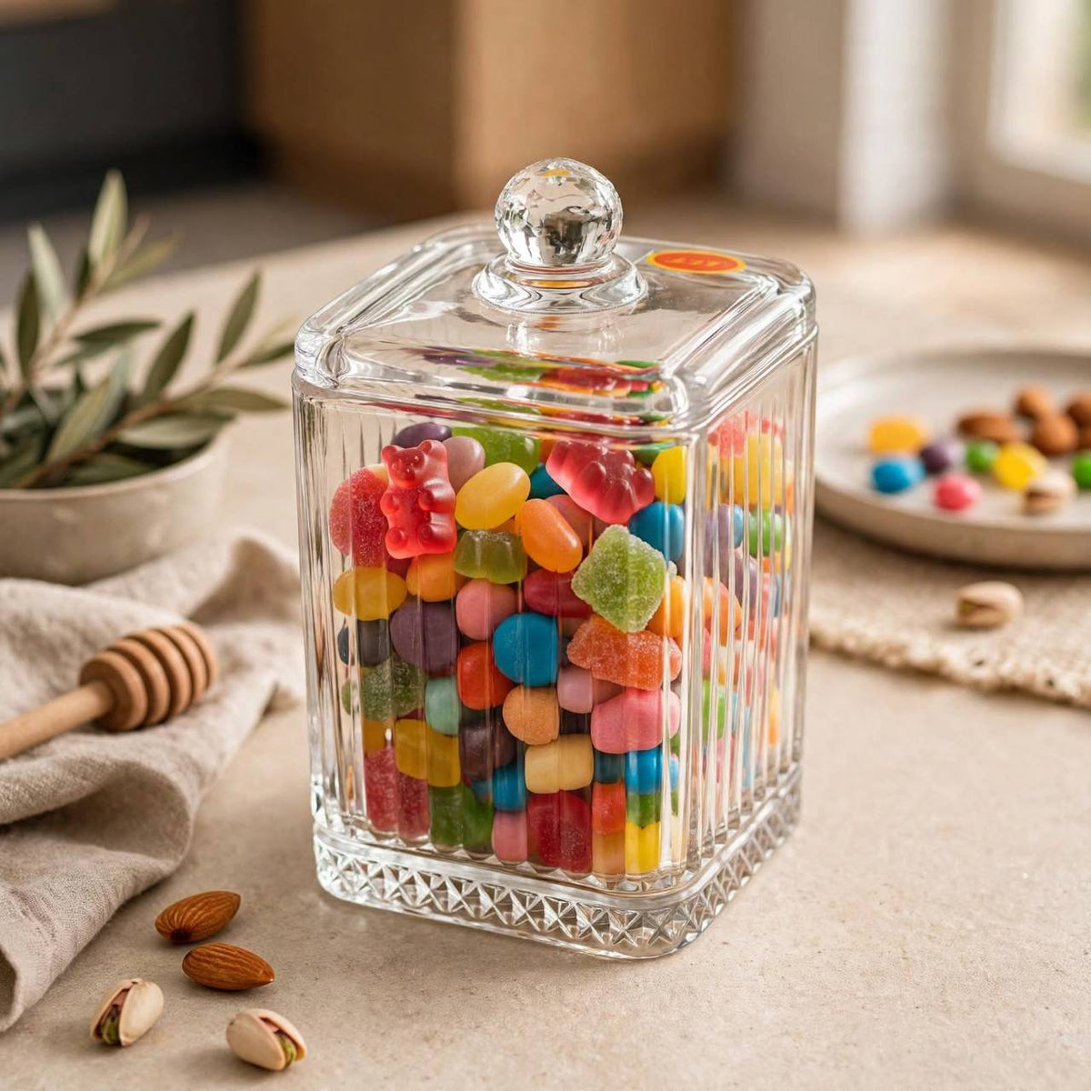 Tall Ribbed Glass Candy Jar with Lid – 20x10cm
