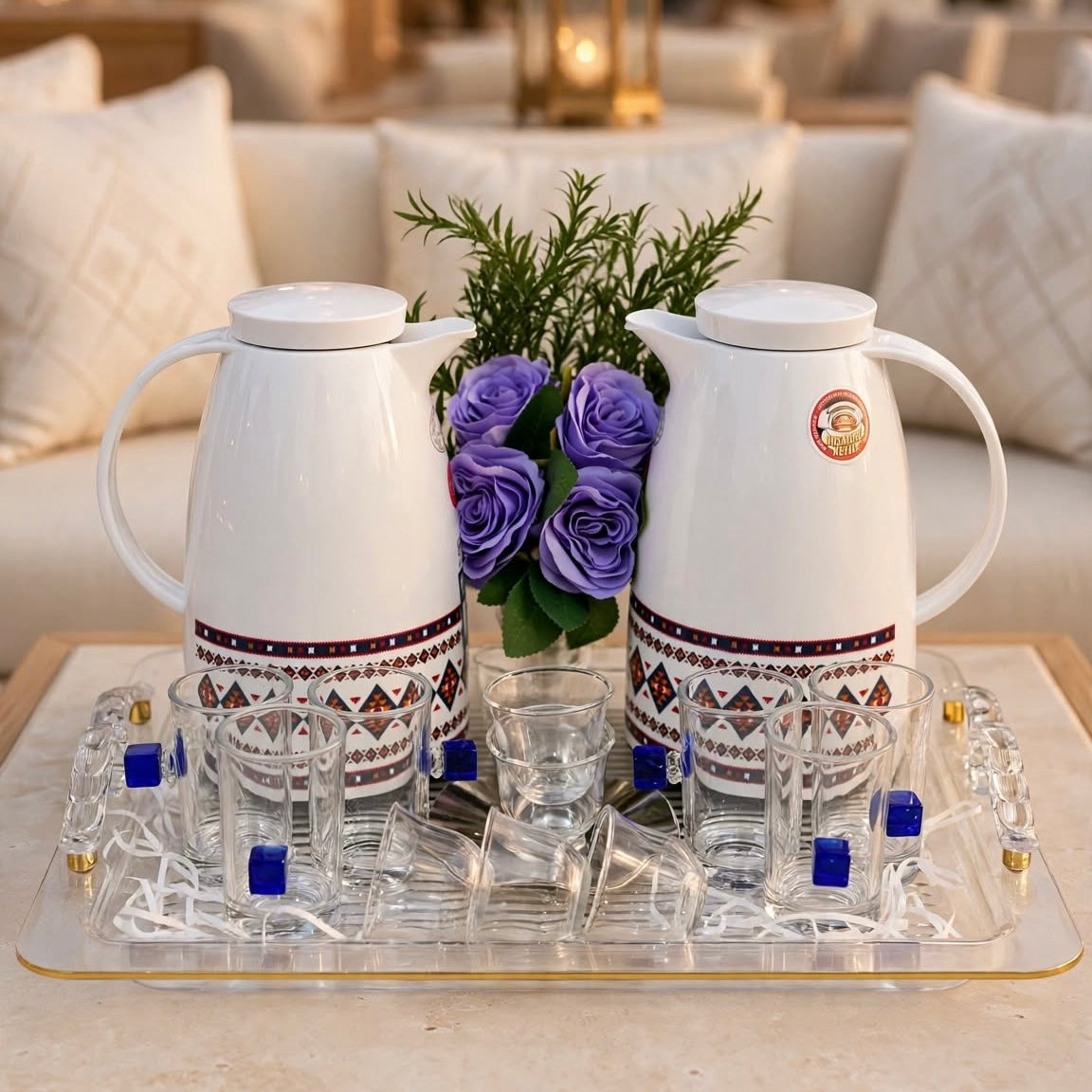 Contemporary Sadu Motif Tea & Coffee Hospitality Set with Cobalt Cube Glass Cups, Fluted Acrylic Tray & Purple Rose Centerpiece (1.0L + 1.0L)