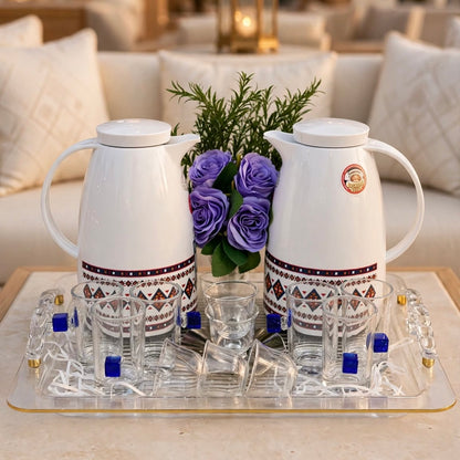 Contemporary Sadu Motif Tea & Coffee Hospitality Set with Cobalt Cube Glass Cups, Fluted Acrylic Tray & Purple Rose Centerpiece (1.0L + 1.0L)