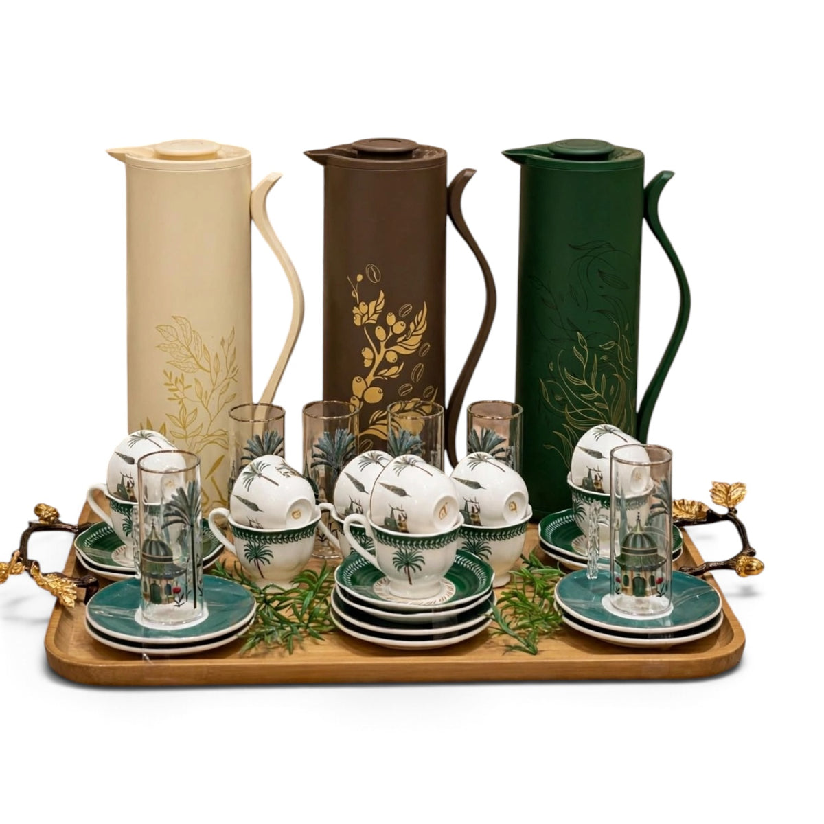 Heritage 3-Carafe Hospitality Set (Tea, Coffee & Karak) with Wooden Tray