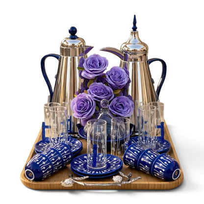 Royal Tea & Coffee Hospitality Gift Set – Dual Silver & Cobalt Blue Flasks, 6 Cawa Cups, 6 Tea Glasses with Saucers, Carved Bamboo Tray & Floral Accent
