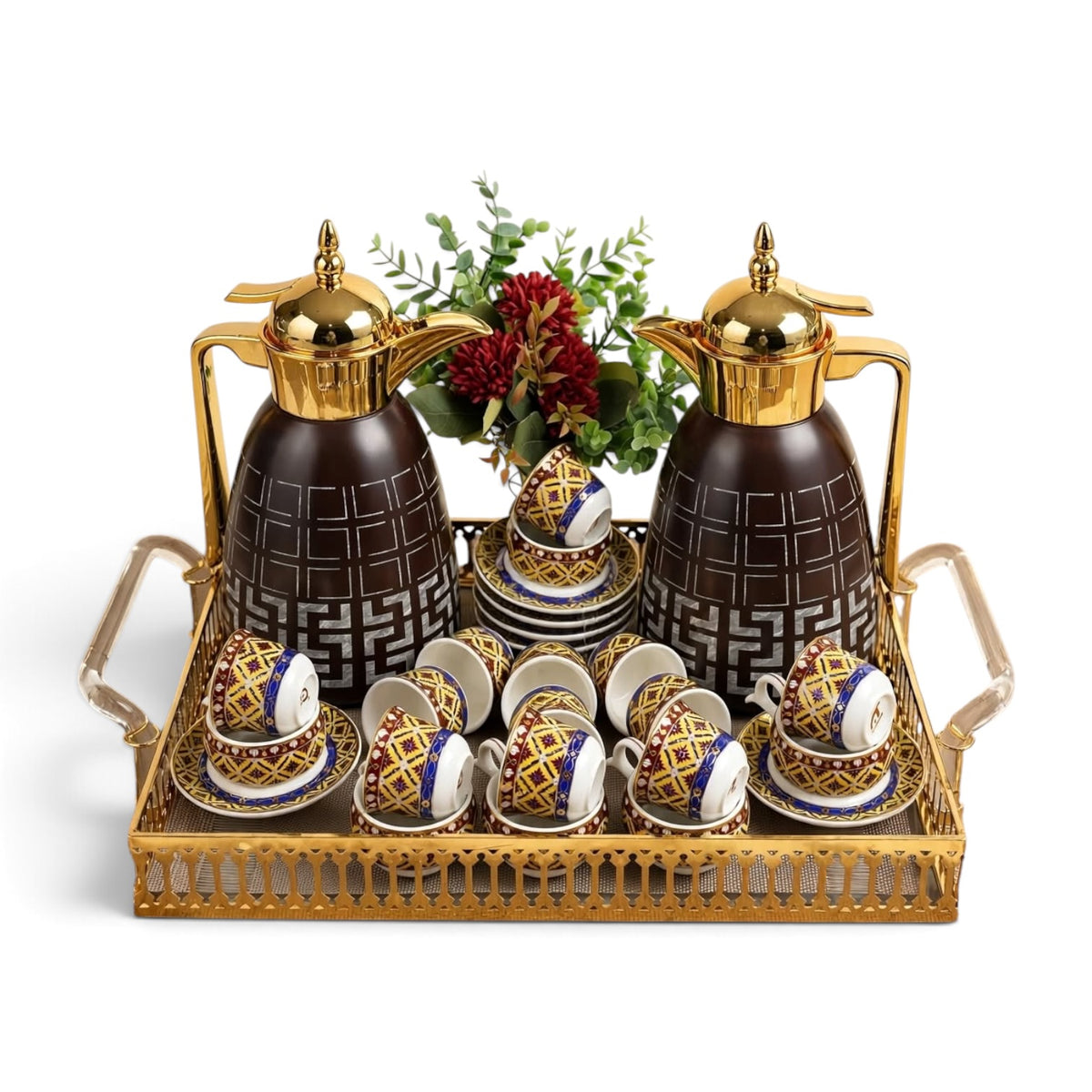Luxury Tea & Coffee Set with Gold Tray & Floral Accent (Brown & Gold)