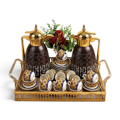 Luxury Tea & Coffee Set with Gold Tray & Floral Accent (Brown & Gold)