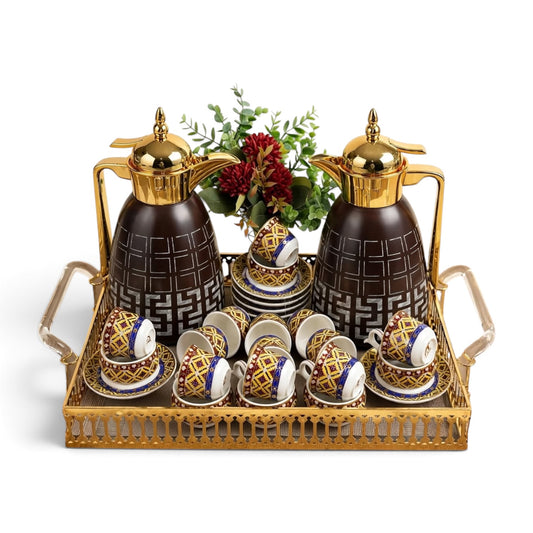 Luxury Tea & Coffee Set with Gold Tray & Floral Accent (Brown & Gold)