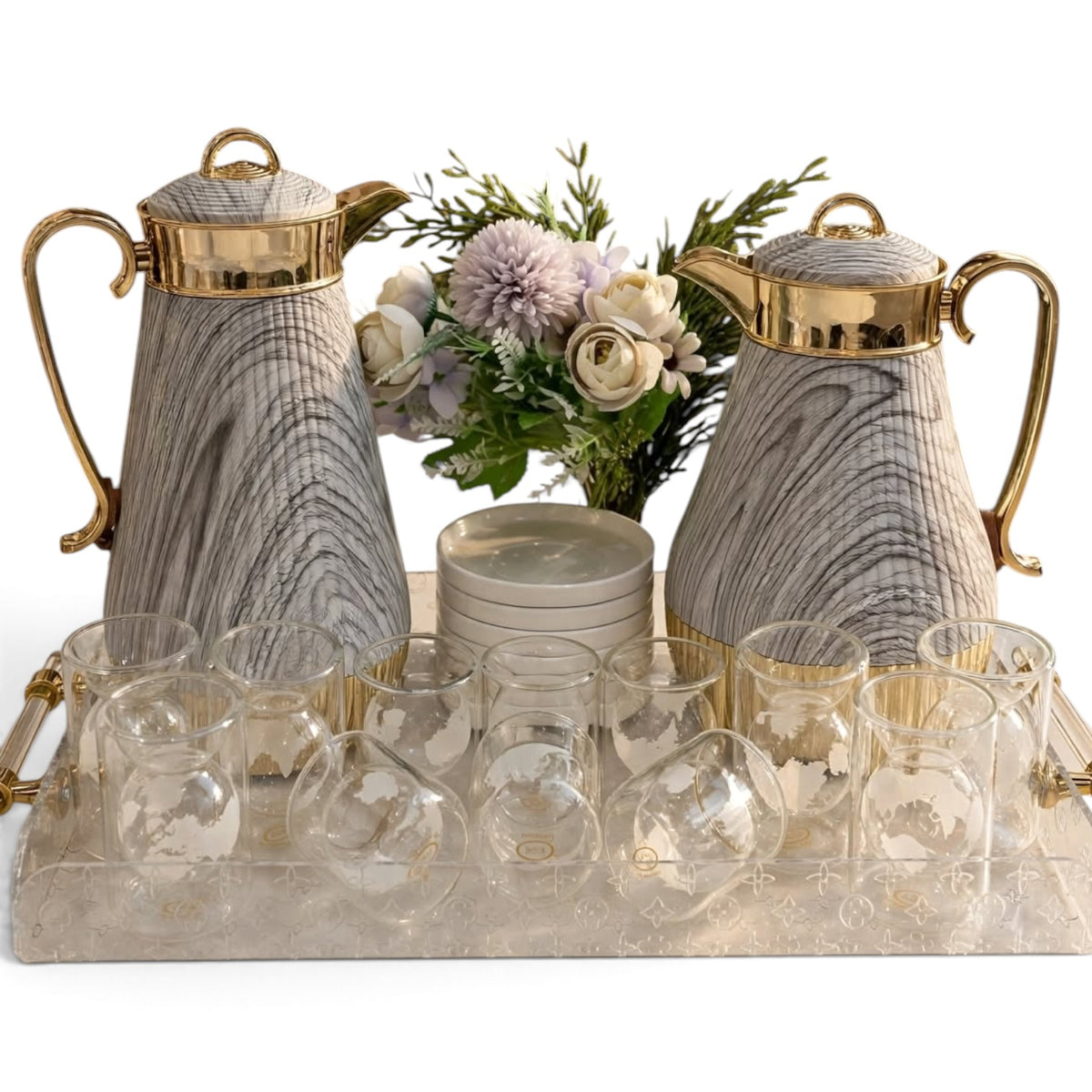 Marble Gray & Gold Tea & Coffee Set with Clear Acrylic Tray & Floral Accent
