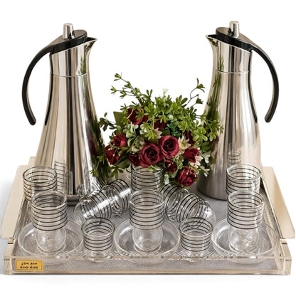 Silver & Black-Striped Glass Tea & Coffee Hospitality Set with Acrylic Tray & Floral Accent