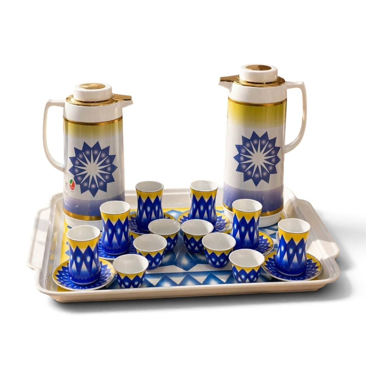 Royal Blue & Sun-Yellow Geometric Tea & Coffee Hospitality Set with Matching Serving Tray