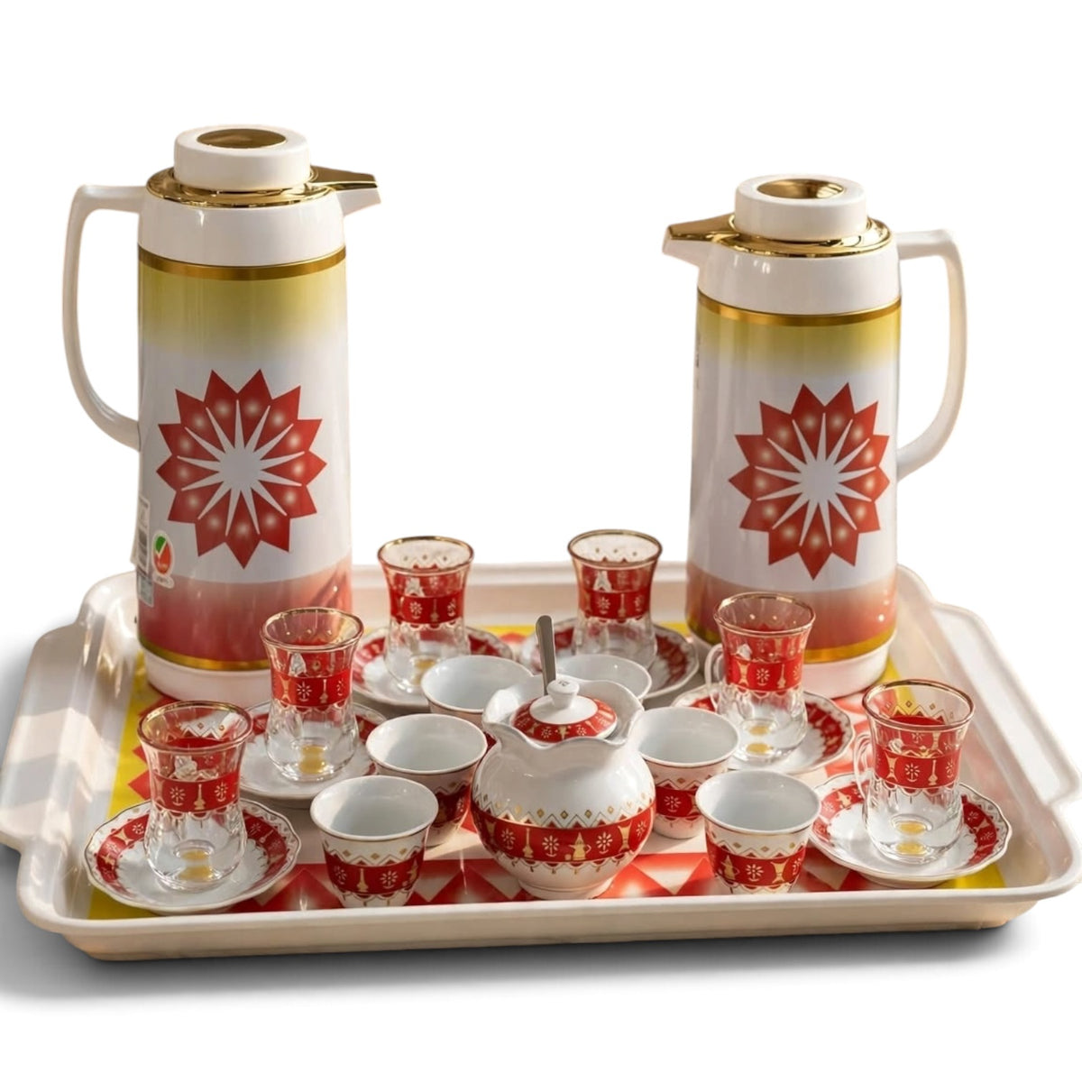Heritage Crimson & Gold Geometric Tea & Coffee Hospitality Set with Sugar Bowl & Serving Tray
