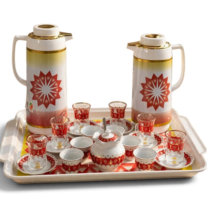 Heritage Crimson & Gold Geometric Tea & Coffee Hospitality Set with Sugar Bowl & Serving Tray