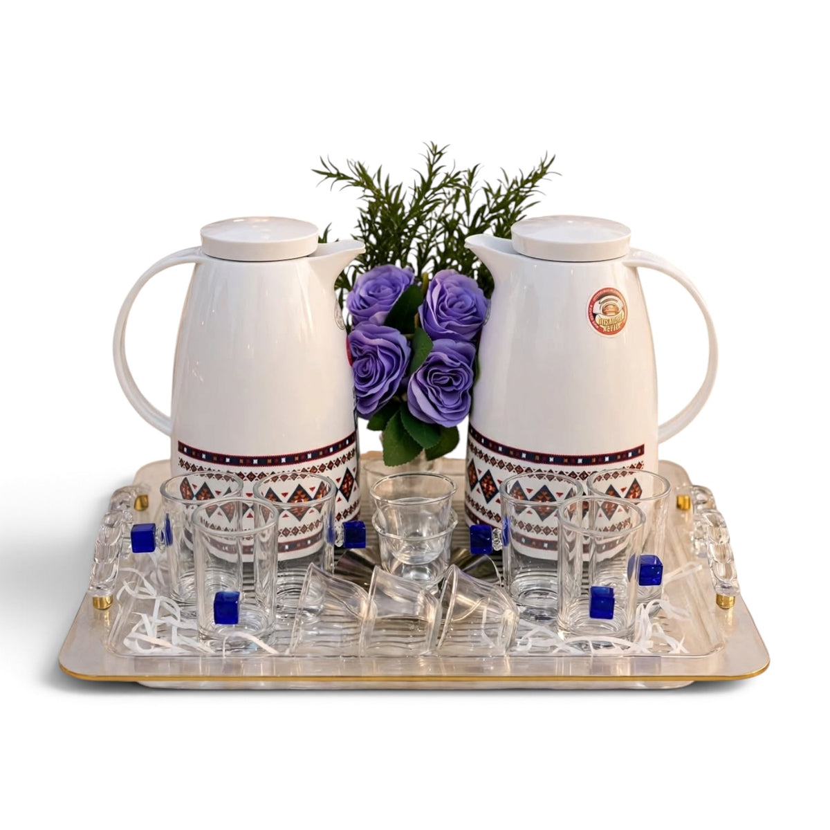 Contemporary Sadu Motif Tea & Coffee Hospitality Set with Cobalt Cube Glass Cups, Fluted Acrylic Tray & Purple Rose Centerpiece (1.0L + 1.0L)