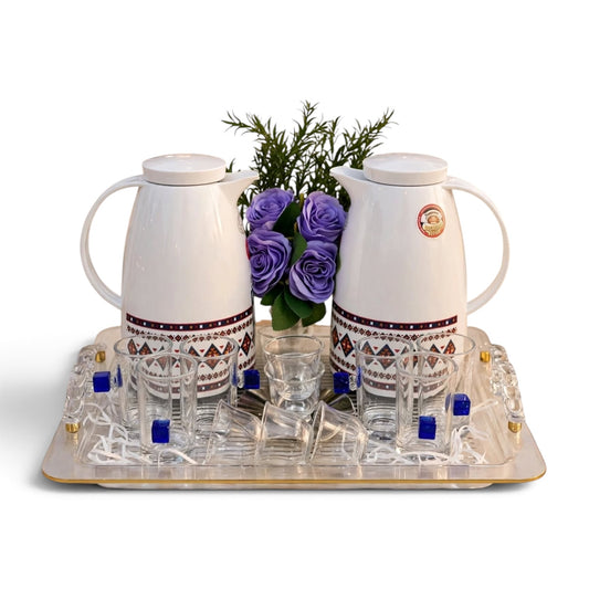 Contemporary Sadu Motif Tea & Coffee Hospitality Set with Cobalt Cube Glass Cups, Fluted Acrylic Tray & Purple Rose Centerpiece (1.0L + 1.0L)