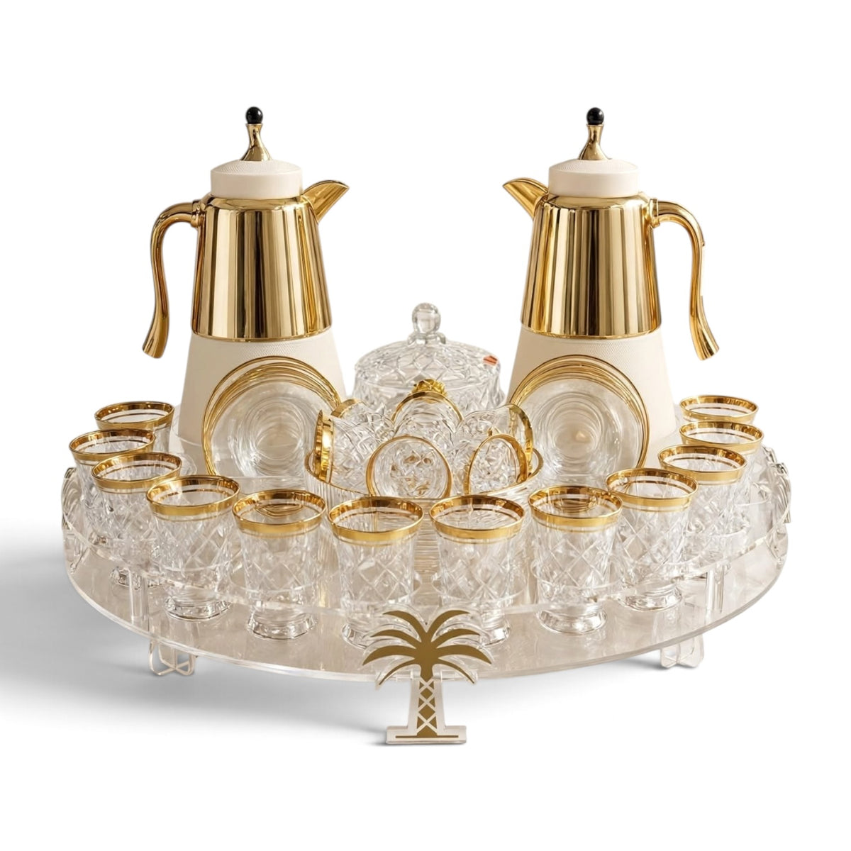 Royal Gold & Crystal Cut Tea & Coffee Hospitality Set with Custom Palm-Tree Acrylic Organizer Tray, Sugar Pot & Date Bowls