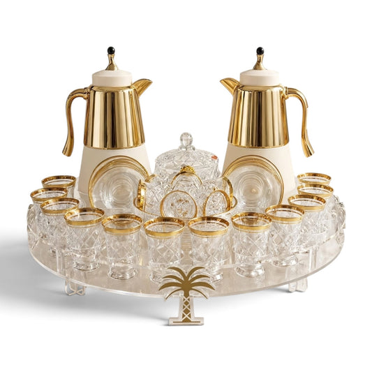 Royal Gold & Crystal Cut Tea & Coffee Hospitality Set with Custom Palm-Tree Acrylic Organizer Tray, Sugar Pot & Date Bowls