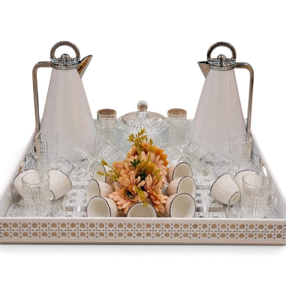 Minimalist White & Chrome Tea & Coffee Hospitality Set with Patterned Tray, Crystal Sugar Pot & Floral Centerpiece
