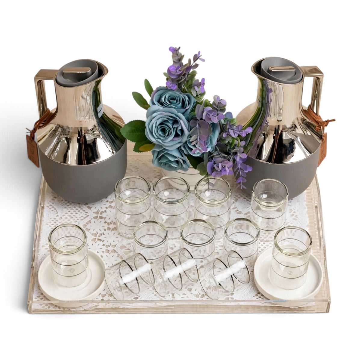 Matte Gray & Chrome Double-Walled Tea and Coffee Set with Acrylic Tray & Floral Accent