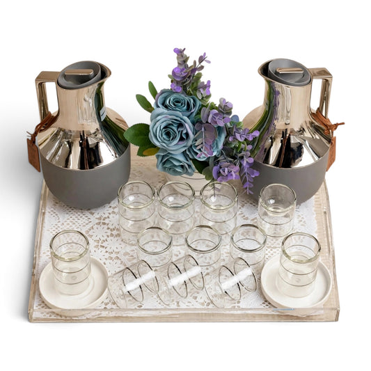 Matte Gray & Chrome Double-Walled Tea and Coffee Set with Acrylic Tray & Floral Accent
