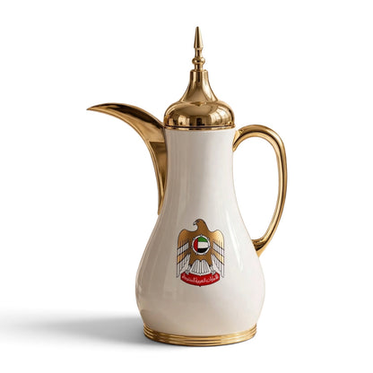 Nice 1.0L UAE Emblem Royal Arabic Coffee Thermal Dallah – Metallic Gold & Glossy White