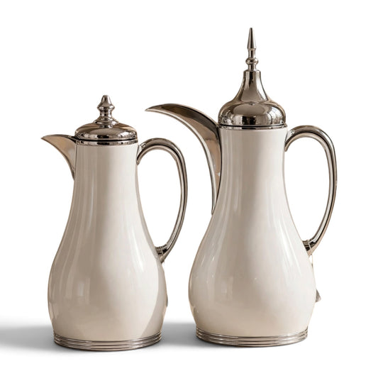 Luxury White & Silver 2-Piece Thermal Dallah Set – 1.0L Tea & 1.0L Arabic Coffee