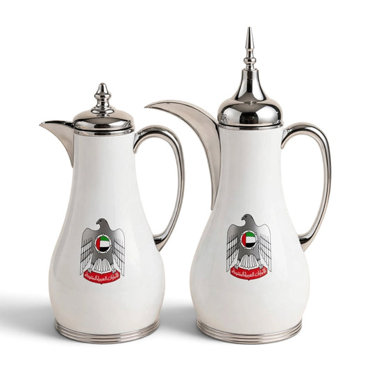 Nice UAE Emblem Luxury 2-Piece Tea & Coffee Thermal Dallah Set – 1.0L & 1.0L (White & Silver ) - Mawaeen