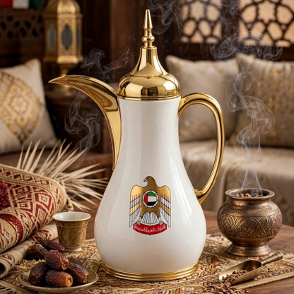 Nice 1.0L UAE Emblem Royal Arabic Coffee Thermal Dallah – Metallic Gold & Glossy White