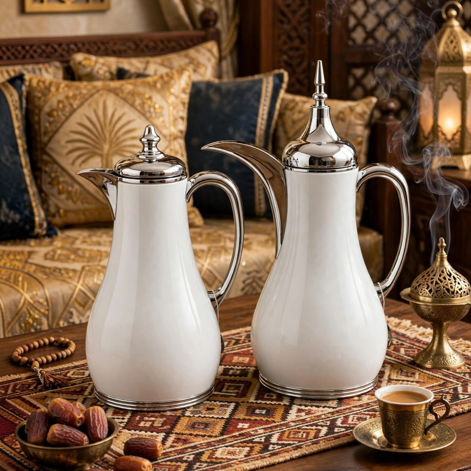 Luxury White & Silver 2-Piece Thermal Dallah Set – 1.0L Tea & 1.0L Arabic Coffee