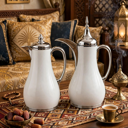 Luxury White & Silver 2-Piece Thermal Dallah Set – 1.0L Tea & 1.0L Arabic Coffee