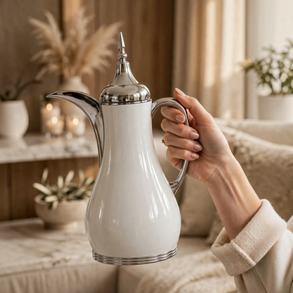 Luxury White & Silver 2-Piece Thermal Dallah Set – 1.0L Tea & 1.0L Arabic Coffee