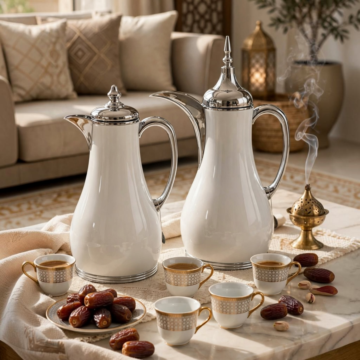 Luxury White & Silver 2-Piece Thermal Dallah Set – 1.0L Tea & 1.0L Arabic Coffee