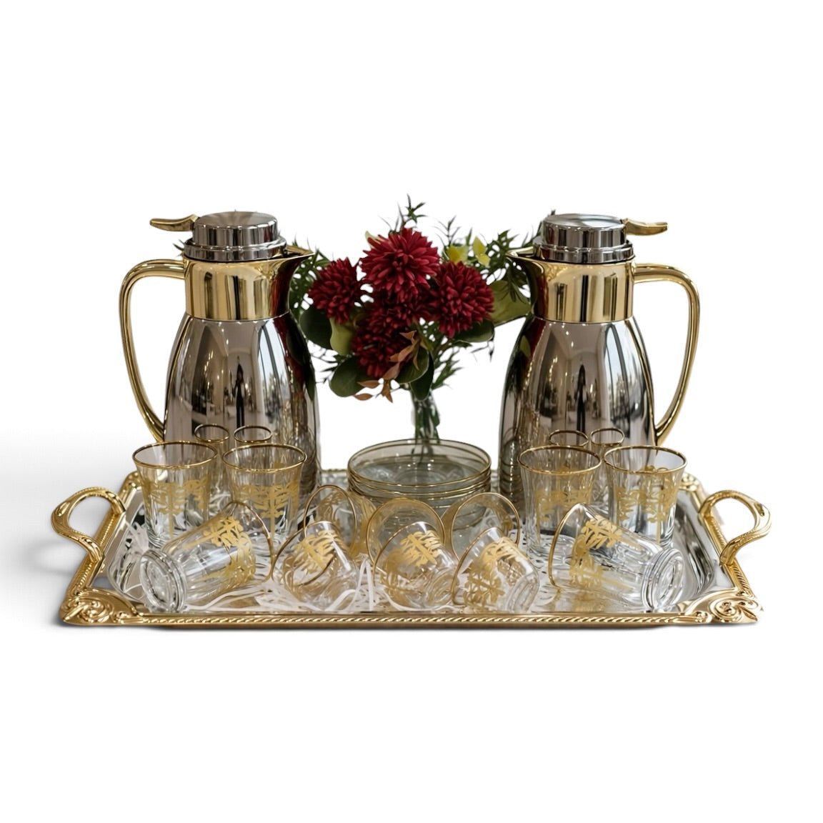 Royal Dual-Tone Chrome & Gold Tea and Coffee Hospitality Set with Gilded Palm Glassware, Baroque Tray & Crimson Bouquet